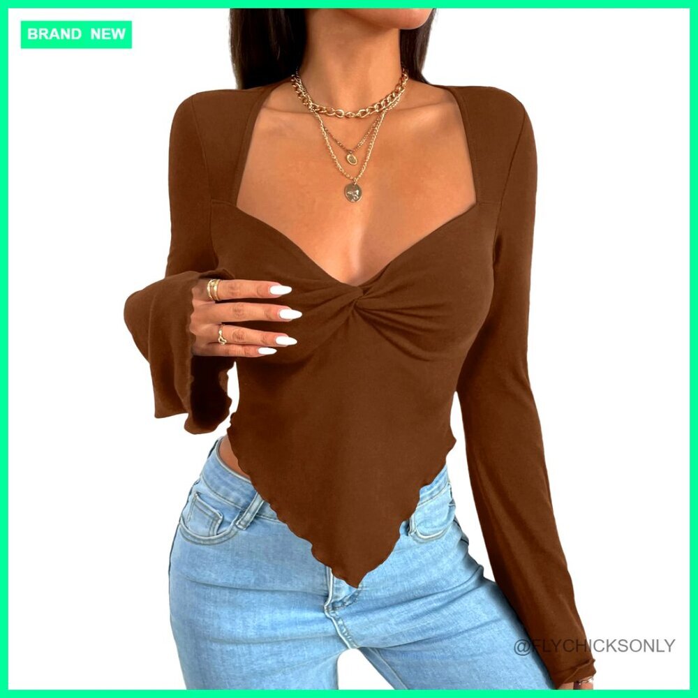 Long Sleeve Square Neck Crop Top Twist Front Asymmetrical Shirt